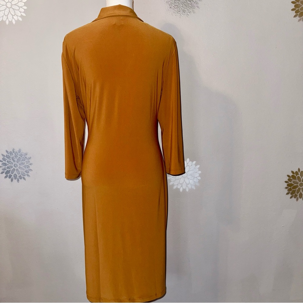 Collared V-Neck Wrap Dress 3/4 Sleeve Mustard Camel Brown Fall/Autumn‎ Ladies - Picture 3 of 16